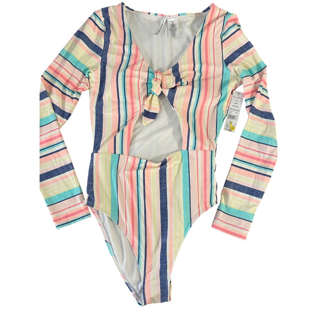 Celebrity Pink Sienna Tie Front Keyhole Surf Suit One Piece Striped Multi M New‎